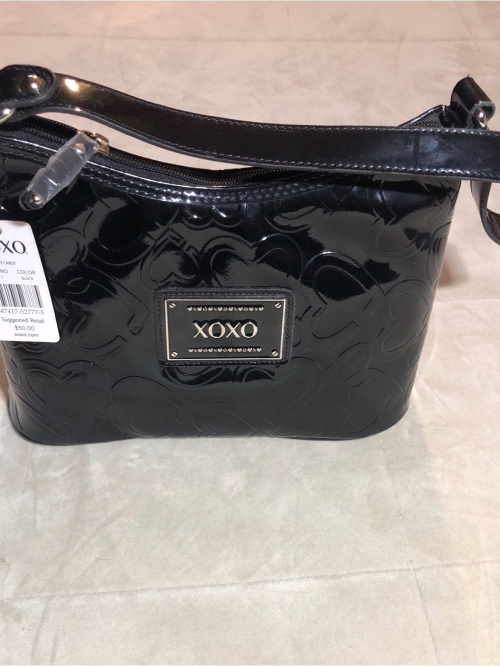 XOXO Glossy Black Patent Shoulder Bag with Logo Plaque